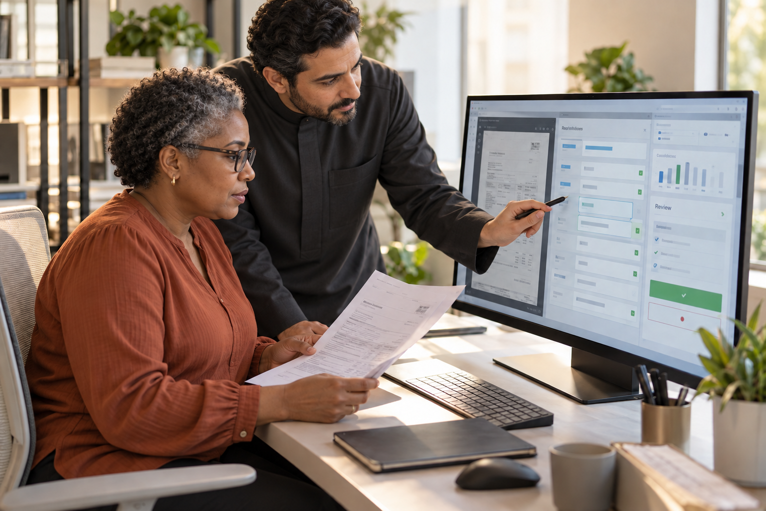 Business analysts checking extracted document information in a human-reviewed AI workflow