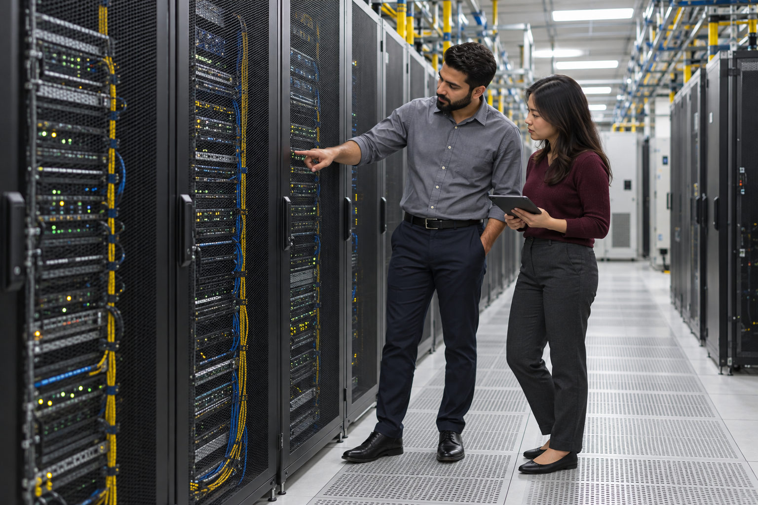 Technology professionals reviewing operational infrastructure in a data centre