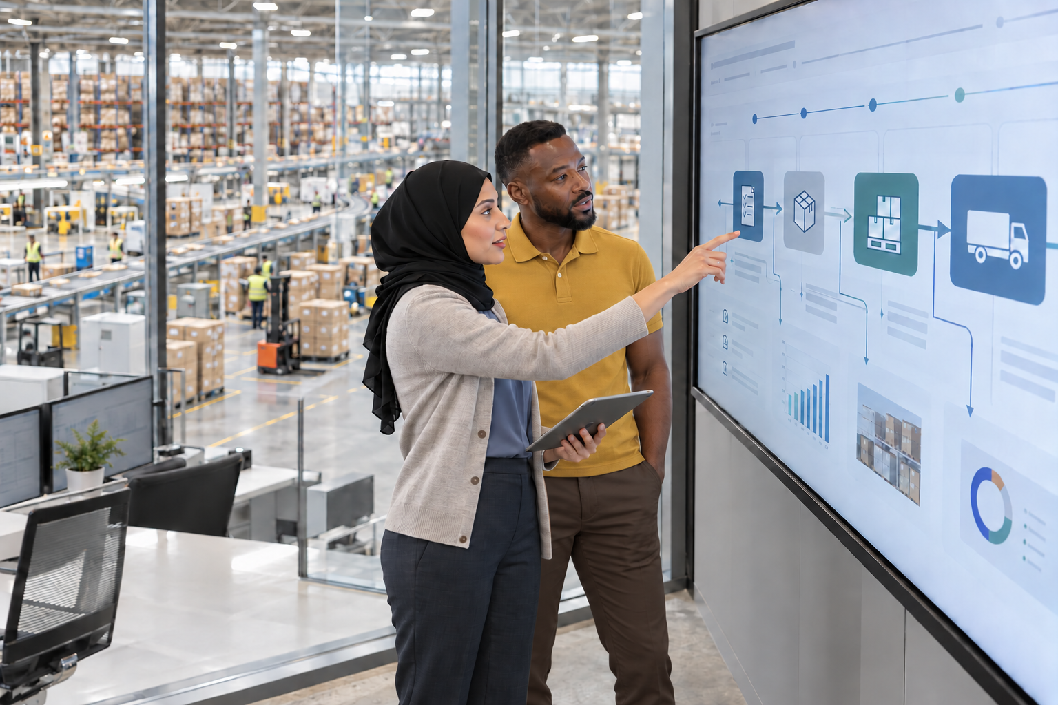 Software and operations specialists reviewing an integrated business workflow