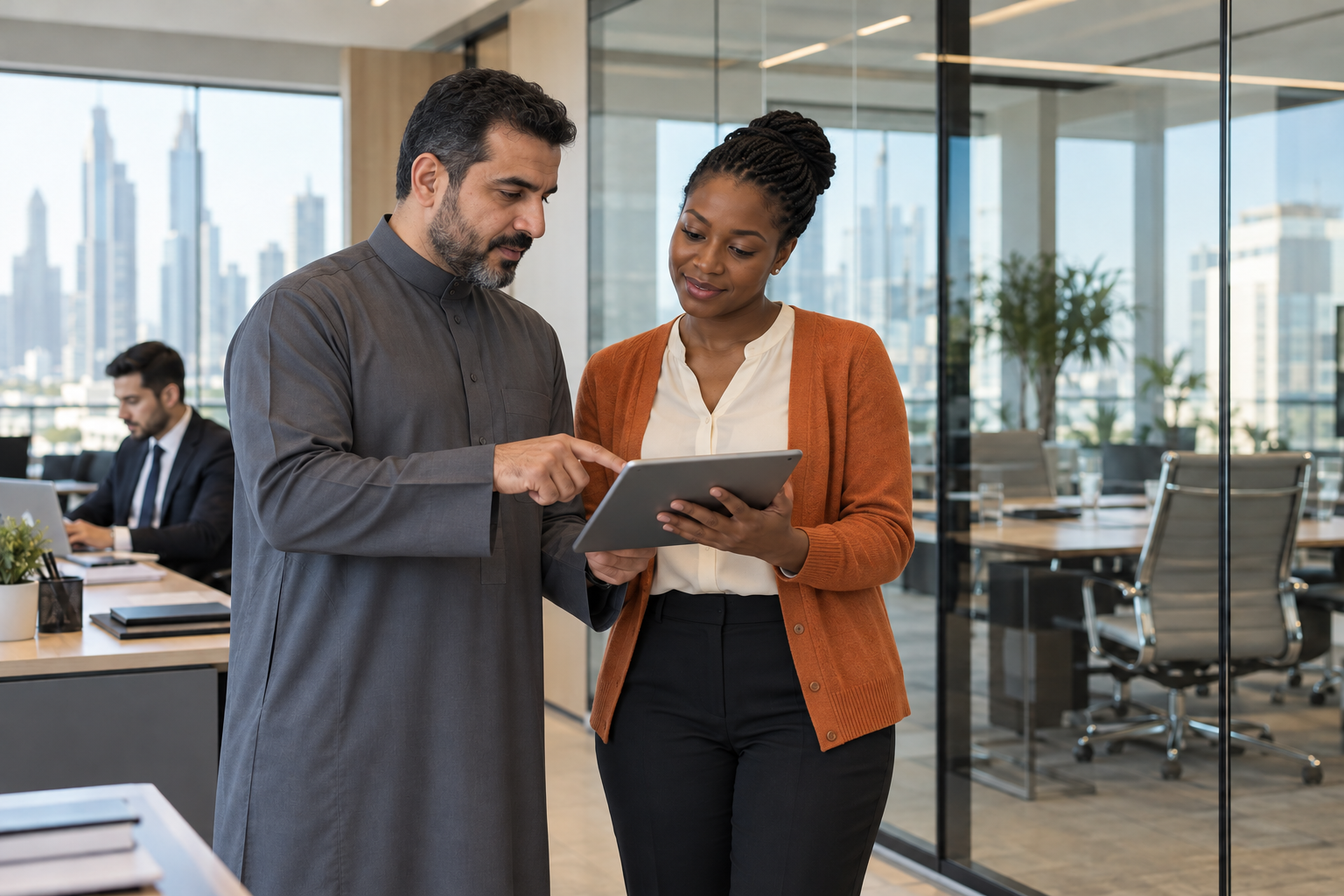 Business and technology colleagues using a connected enterprise service