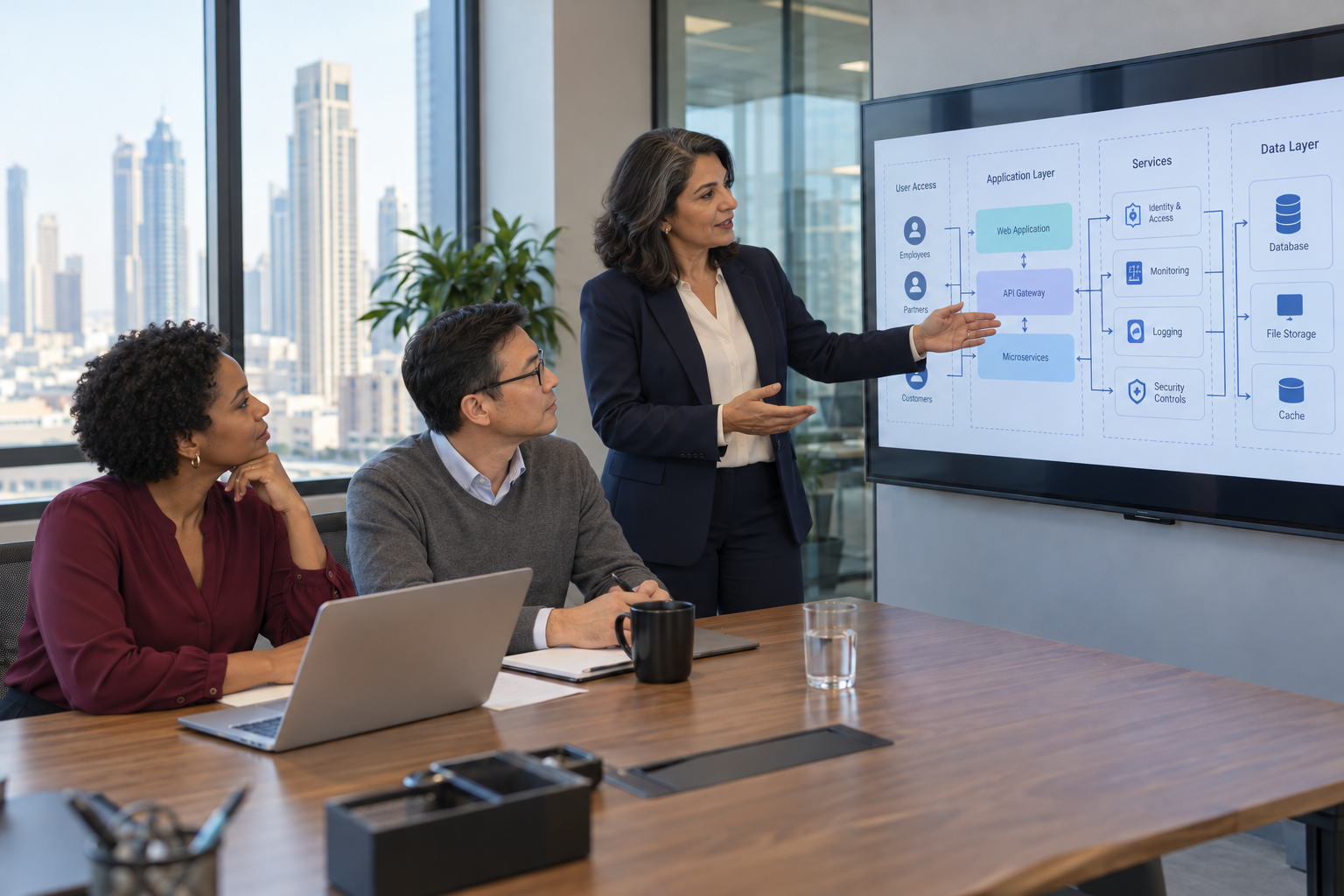 Technology colleagues reviewing application security and access architecture